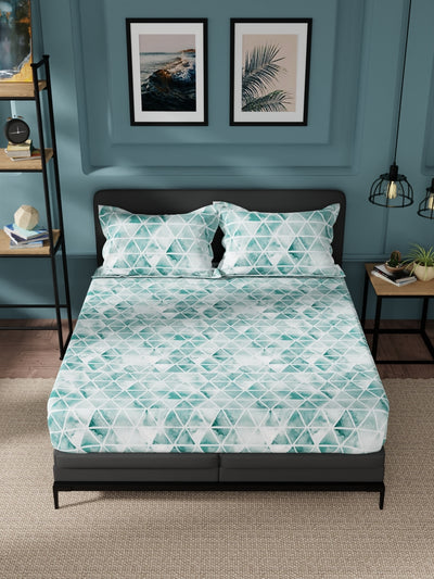 100% Pure Cotton Double Bedsheet With 2 Pillow Covers <small> (geometric-teal)</small>