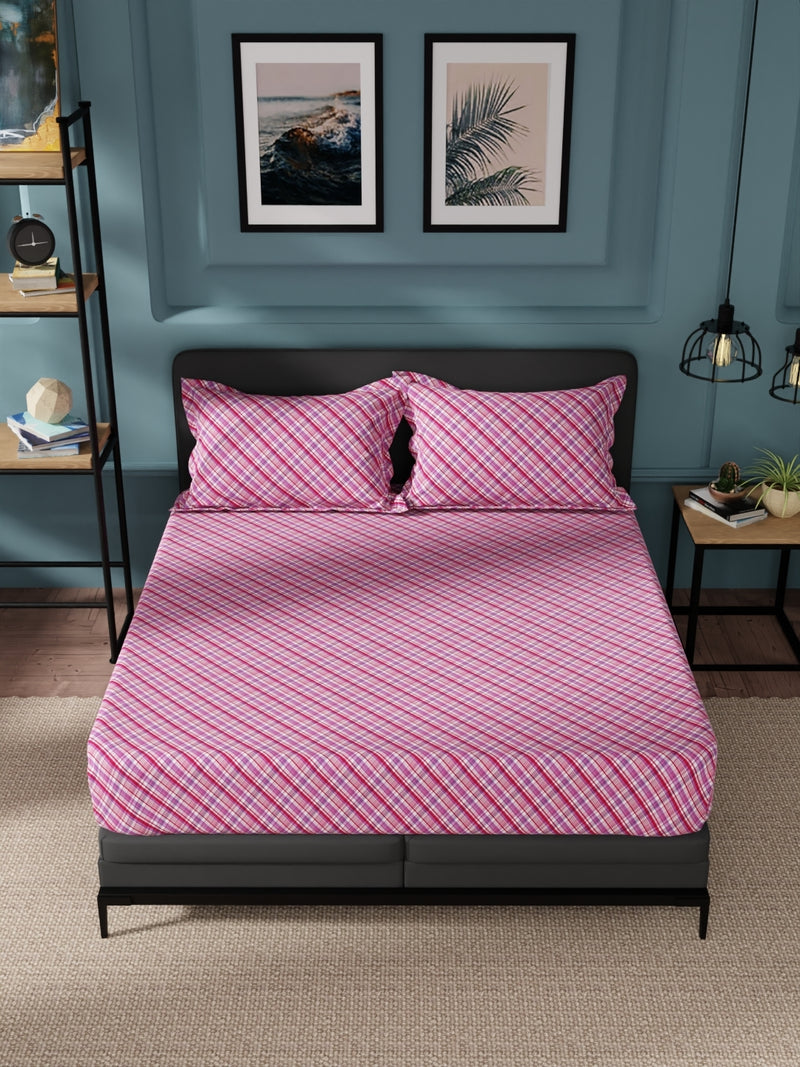 100% Pure Cotton Double Bedsheet With 2 Pillow Covers <small> (checks-pink/multi)</small>