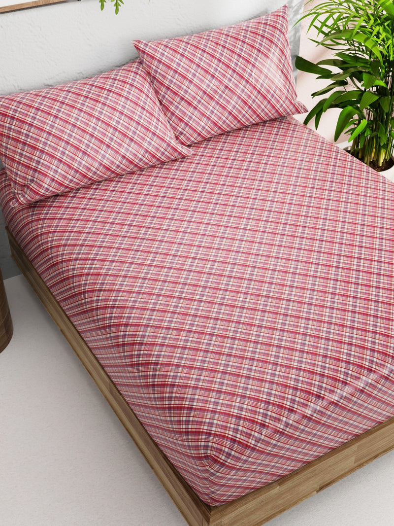 Soft 100% Natural Cotton Double Bedsheet With 2 Pillow Covers <small> (checks-red/multi)</small>