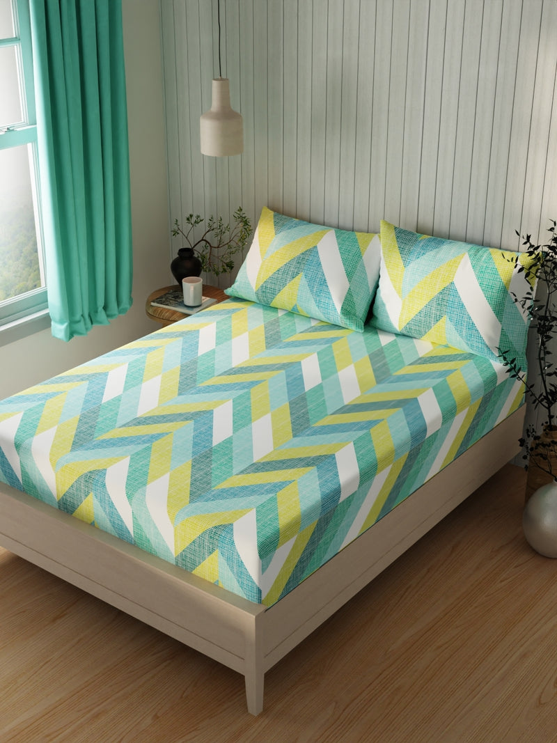 Extra Smooth Cotton Double Bedsheet With 2 Pillow Covers <small> (geometric-turquoise)</small>