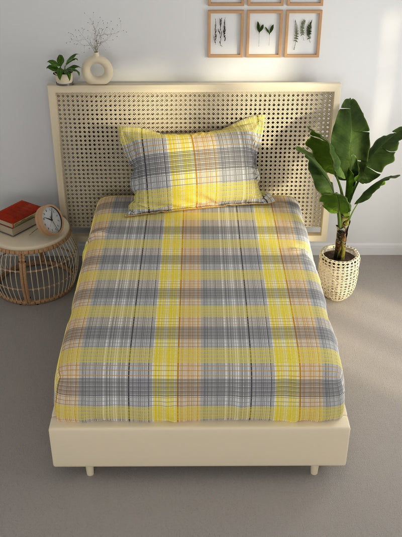 Extra Smooth Polycotton Single Bedsheet With 1 Pillow Cover <small> (geometric-yellow/grey)</small>