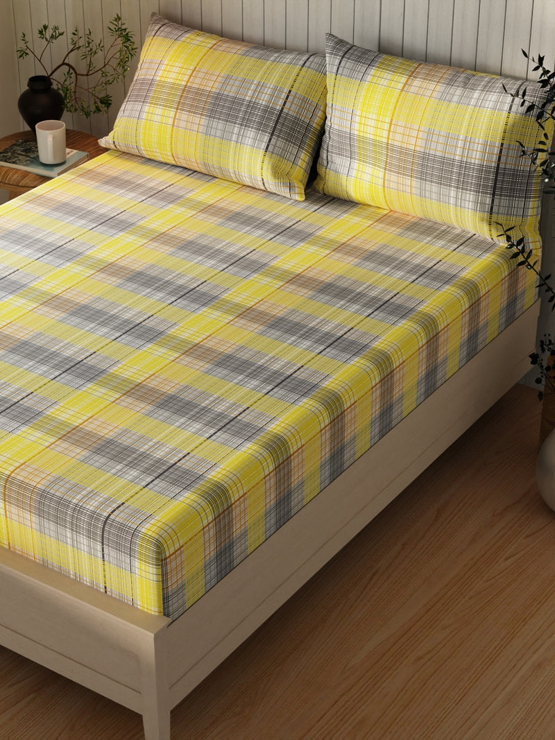 Extra Smooth Cotton Double Bedsheet With 2 Pillow Covers <small> (geometric-yellow/grey)</small>
