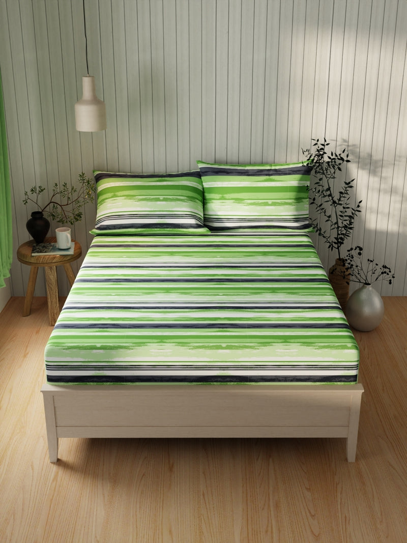 Extra Smooth Cotton Double Bedsheet With 2 Pillow Covers <small> (stripe-lime/green)</small>