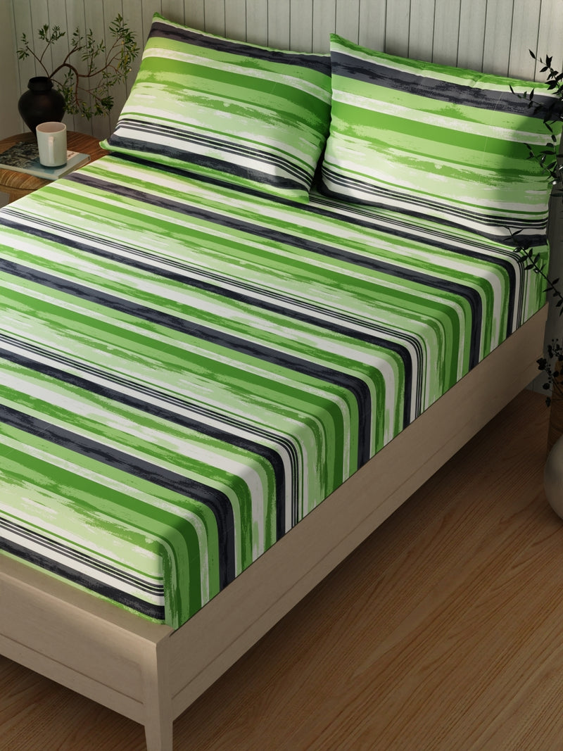 Extra Smooth Cotton Double Bedsheet With 2 Pillow Covers <small> (stripe-lime/green)</small>