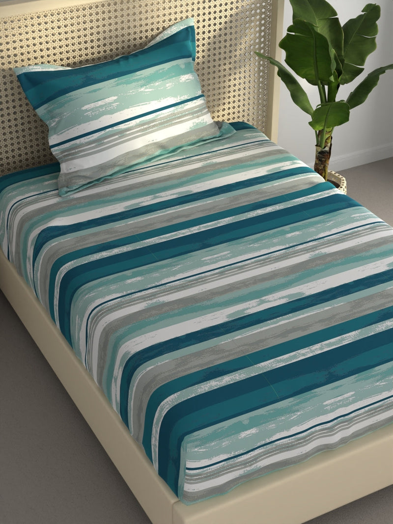 Extra Smooth Polycotton Single Bedsheet With 1 Pillow Cover <small> (stripe-teal)</small>