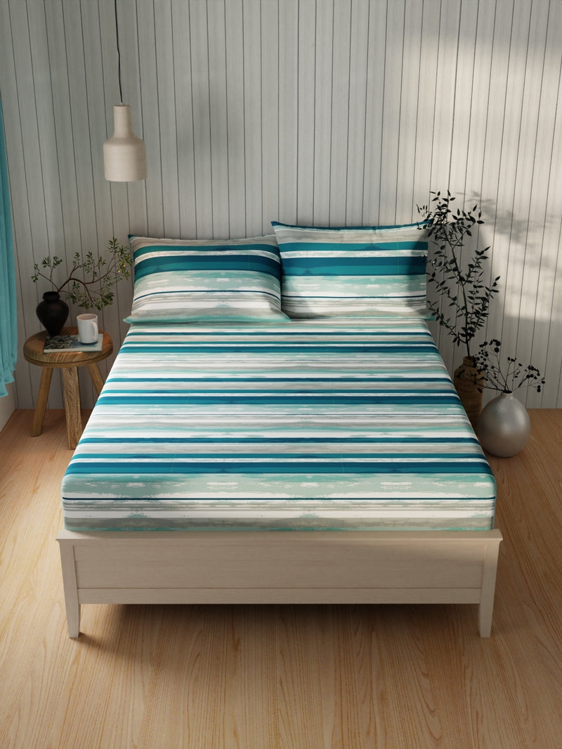 Extra Smooth Cotton Double Bedsheet With 2 Pillow Covers <small> (stripe-teal)</small>