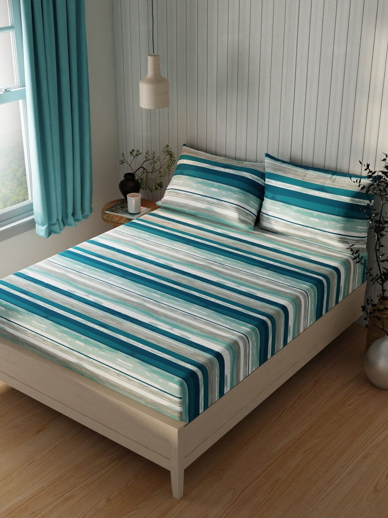Extra Smooth Cotton Double Bedsheet With 2 Pillow Covers <small> (stripe-teal)</small>
