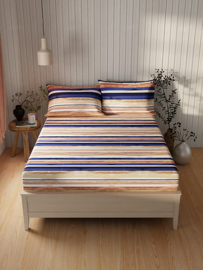 Extra Smooth Cotton Double Bedsheet With 2 Pillow Covers <small> (stripe-lt.brown)</small>