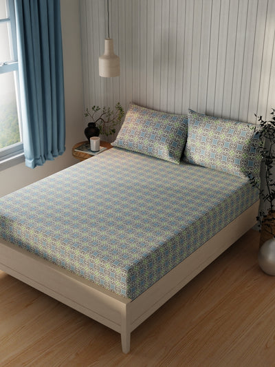 Extra Smooth Cotton Double Bedsheet With 2 Pillow Covers <small> (ornamental-blue/green)</small>