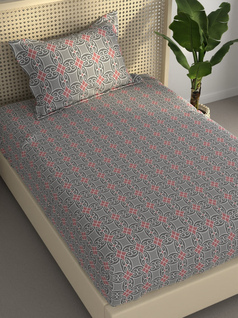 Extra Smooth Polycotton Single Bedsheet With 1 Pillow Cover <small> (ornamental-grey/red)</small>
