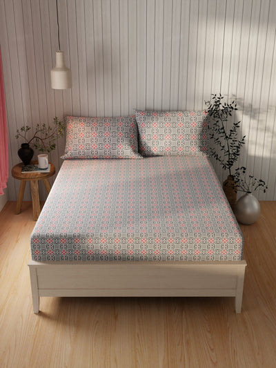 Extra Smooth Cotton Double Bedsheet With 2 Pillow Covers <small> (ornamental-grey/red)</small>