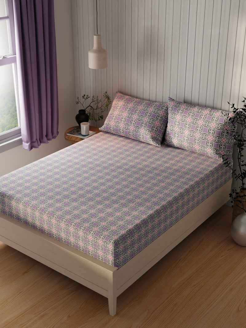 Extra Smooth Cotton Double Bedsheet With 2 Pillow Covers <small> (ornamental-lilac/peach)</small>