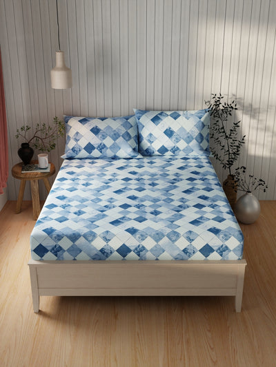 Extra Smooth Cotton Double Bedsheet With 2 Pillow Covers <small> (geometric-bluebatick)</small>