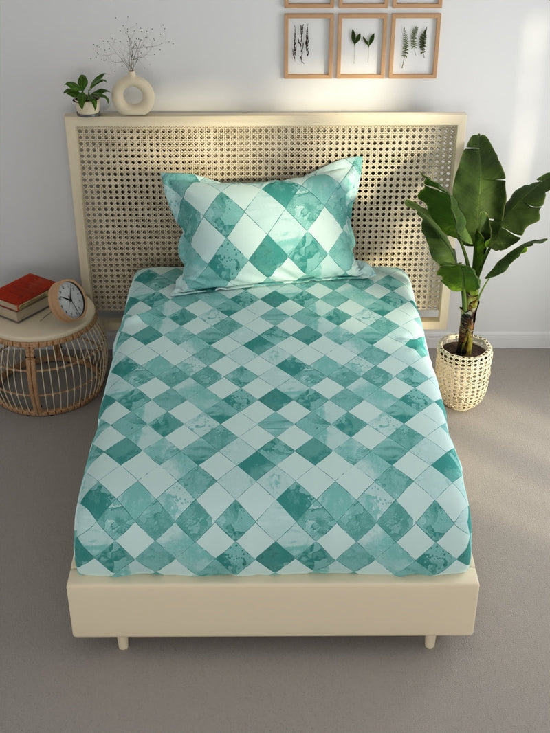 Extra Smooth Polycotton Single Bedsheet With 1 Pillow Cover <small> (geometric-tealbatik)</small>