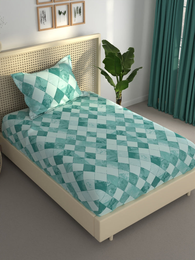 Extra Smooth Polycotton Single Bedsheet With 1 Pillow Cover <small> (geometric-tealbatik)</small>