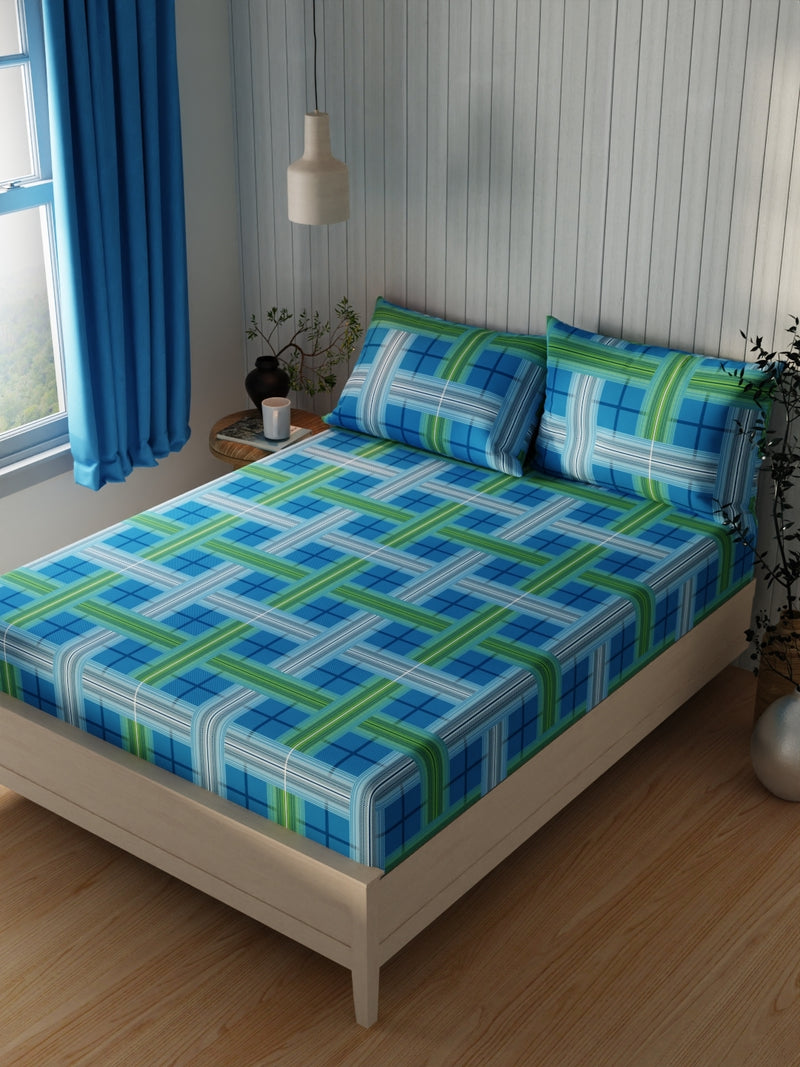 Extra Smooth Cotton Double Bedsheet With 2 Pillow Covers <small> (checks-blue)</small>