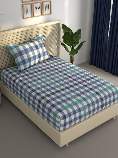 Extra Smooth Polycotton Single Bedsheet With 1 Pillow Cover <small> (checks-blue)</small>