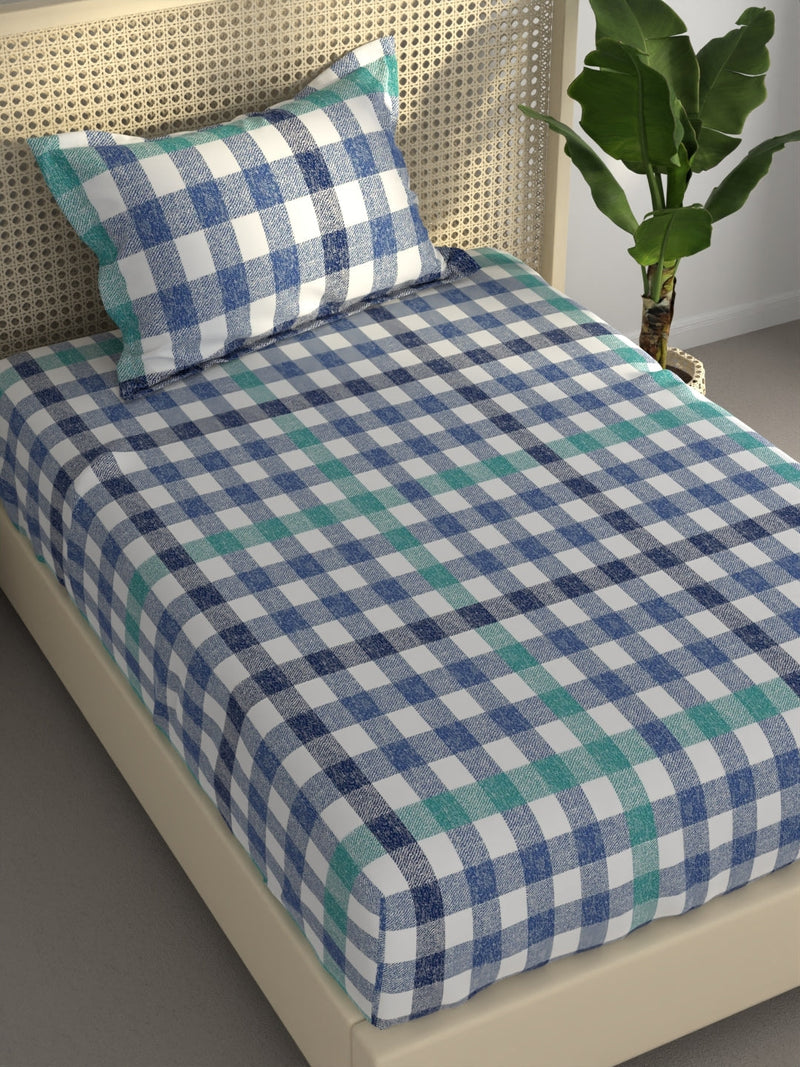 Extra Smooth Polycotton Single Bedsheet With 1 Pillow Cover <small> (checks-blue)</small>