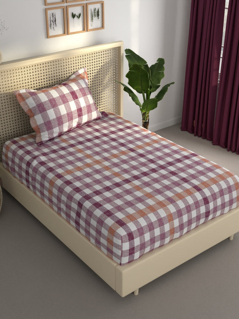 Extra Smooth Polycotton Single Bedsheet With 1 Pillow Cover <small> (checks-wine)</small>