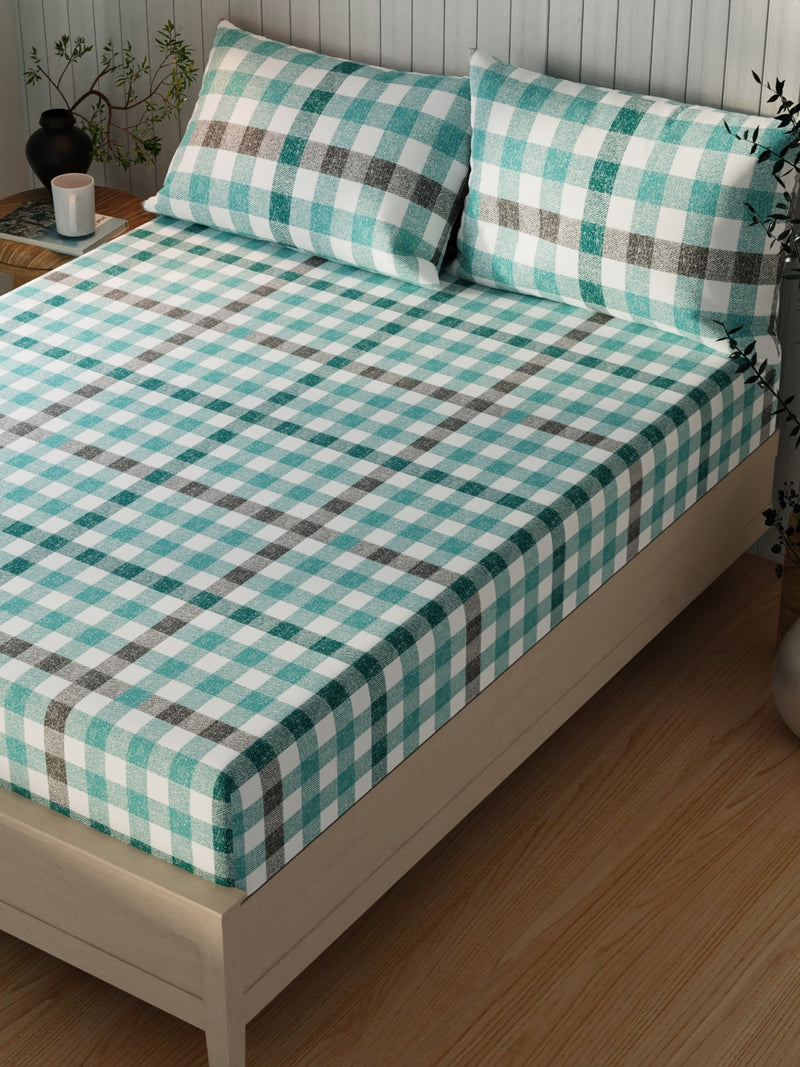 Extra Smooth Cotton Double Bedsheet With 2 Pillow Covers <small> (checks-teal)</small>