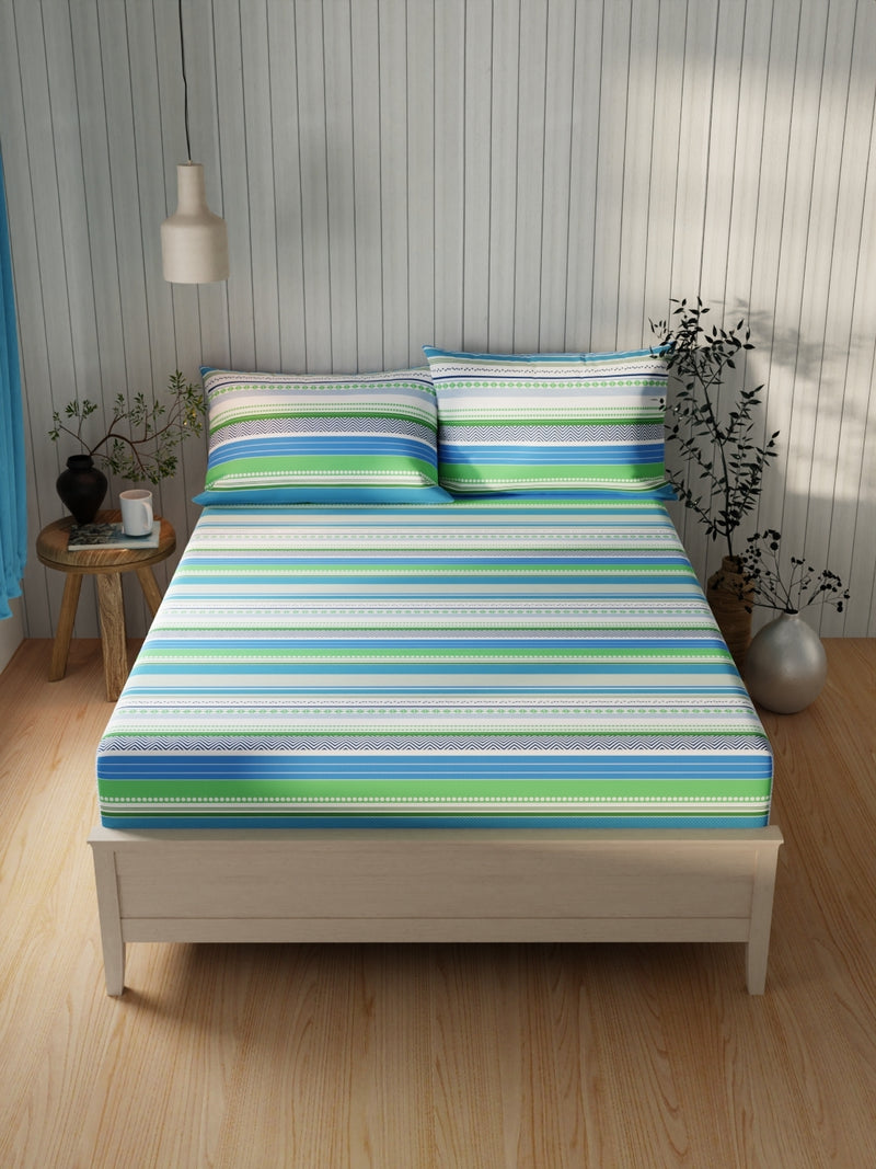 Extra Smooth Cotton Double Bedsheet With 2 Pillow Covers <small> (stripe-green/multi)</small>