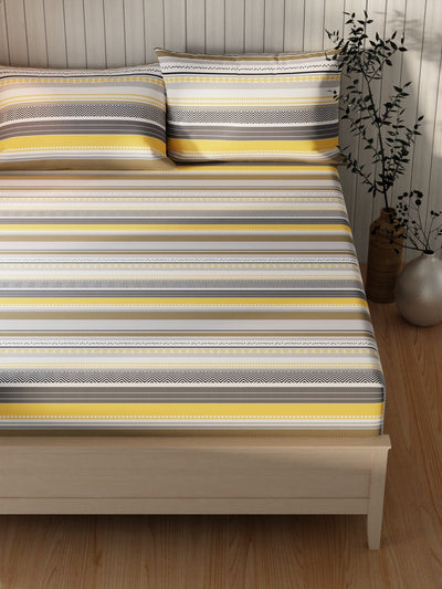 Extra Smooth Cotton Double Bedsheet With 2 Pillow Covers <small> (stripe-yellow/multi)</small>