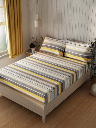 Extra Smooth Cotton Double Bedsheet With 2 Pillow Covers <small> (stripe-yellow/multi)</small>