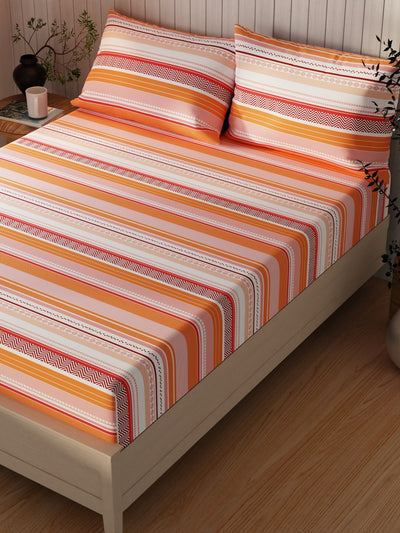 Extra Smooth Cotton Double Bedsheet With 2 Pillow Covers <small> (stripe-orange/multi)</small>