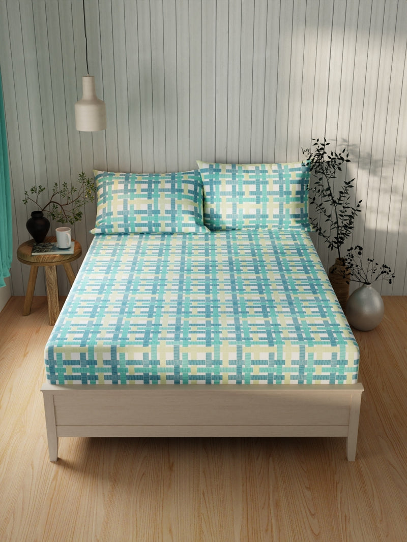 Extra Smooth Cotton Double Bedsheet With 2 Pillow Covers <small> (geometric-teal/lime)</small>