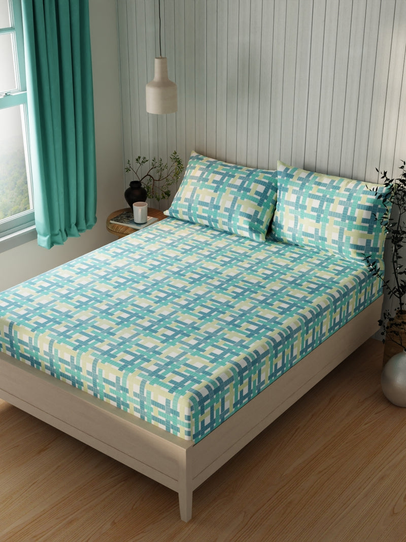 Extra Smooth Cotton Double Bedsheet With 2 Pillow Covers <small> (geometric-teal/lime)</small>