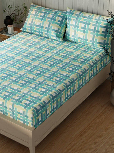 Extra Smooth Cotton Double Bedsheet With 2 Pillow Covers <small> (geometric-teal/lime)</small>