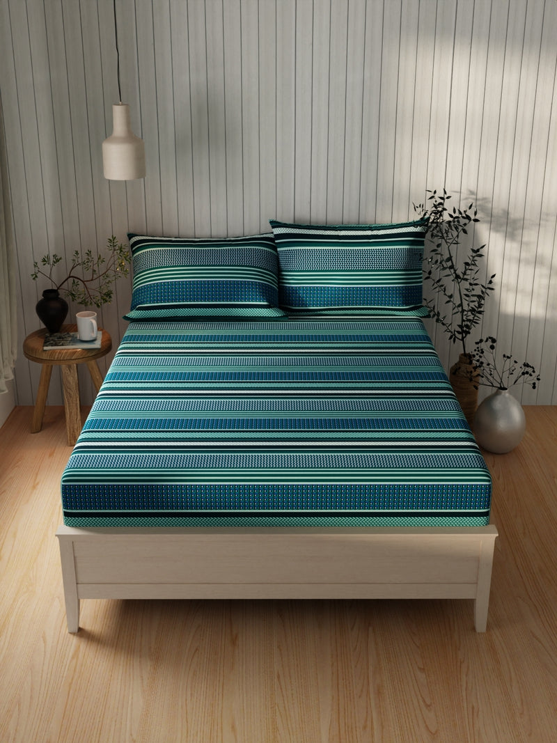 Extra Smooth Cotton Double Bedsheet With 2 Pillow Covers <small> (stripe-teal/blue)</small>