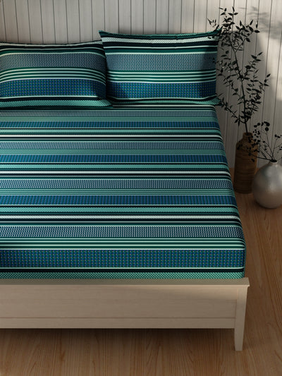 Extra Smooth Cotton Double Bedsheet With 2 Pillow Covers <small> (stripe-teal/blue)</small>