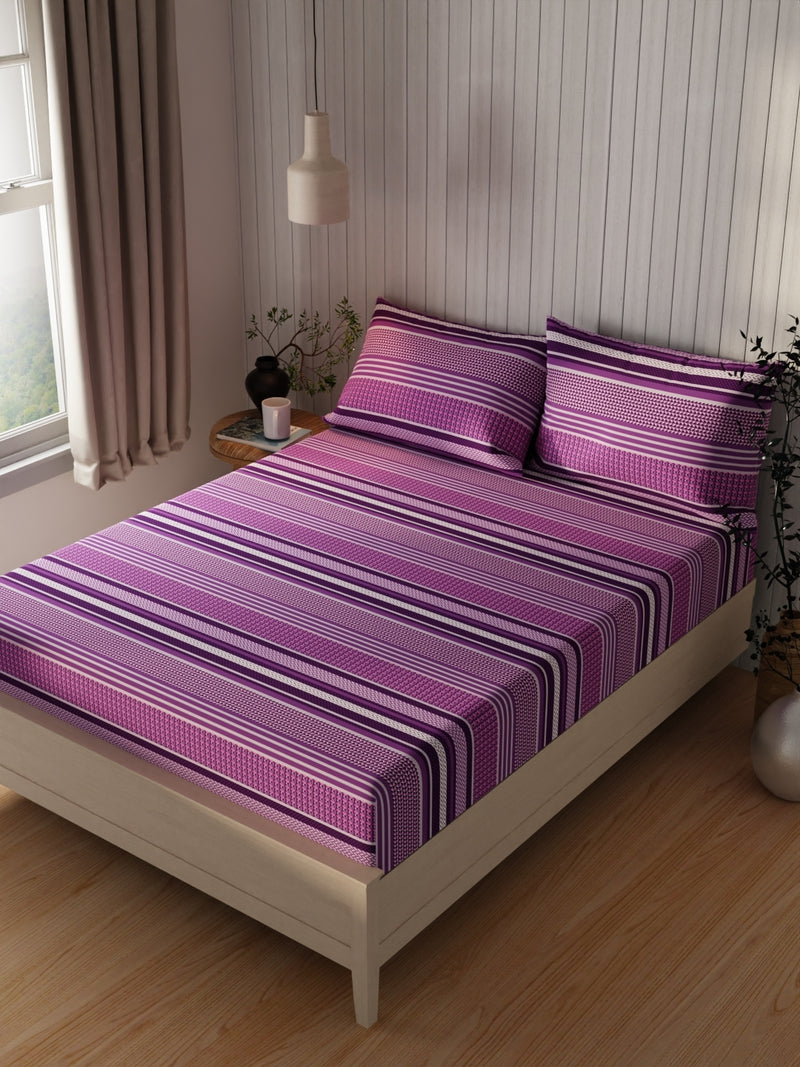 Extra Smooth Cotton Double Bedsheet With 2 Pillow Covers <small> (stripe-pink/purple)</small>