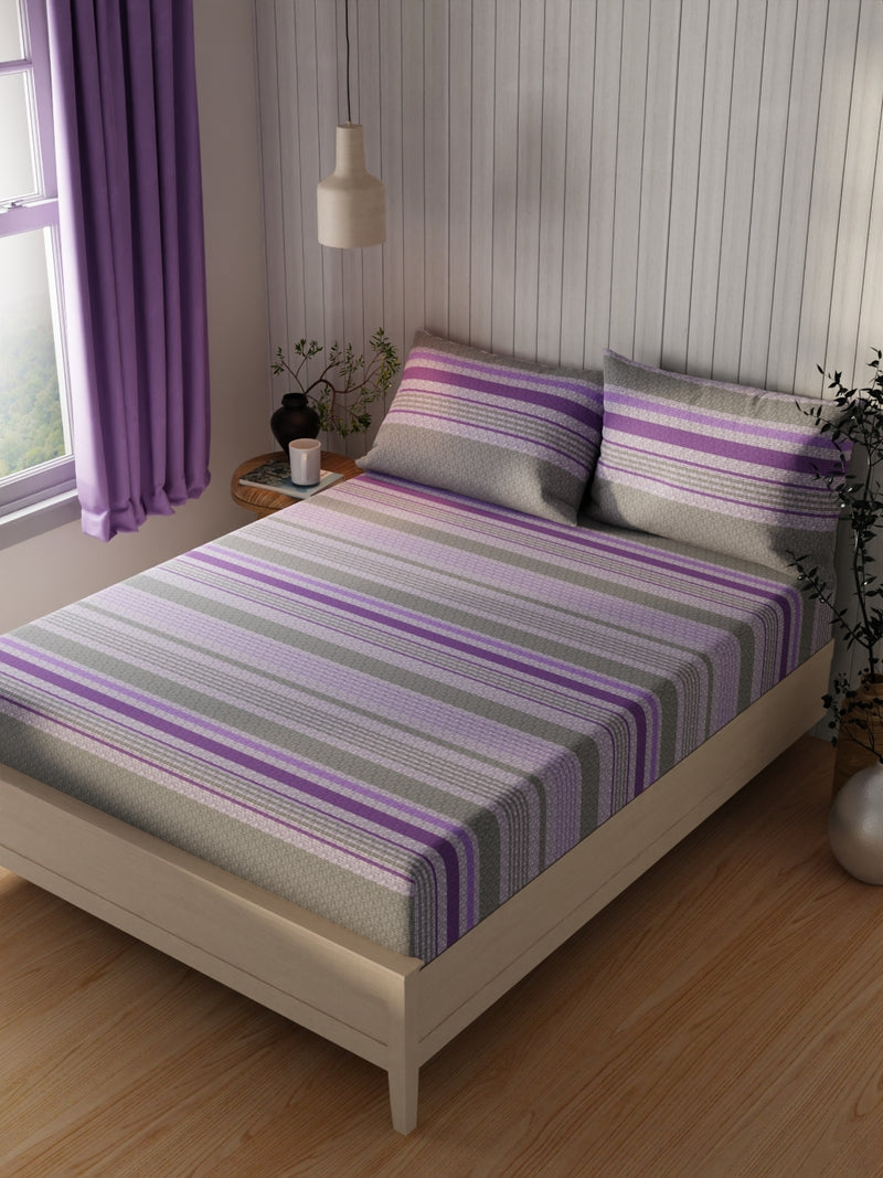 Extra Smooth Cotton Double Bedsheet With 2 Pillow Covers <small> (stripe-grey/purple)</small>