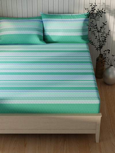 Extra Smooth Cotton Double Bedsheet With 2 Pillow Covers <small> (stripe-green/teal)</small>