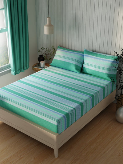 Extra Smooth Cotton Double Bedsheet With 2 Pillow Covers <small> (stripe-green/teal)</small>