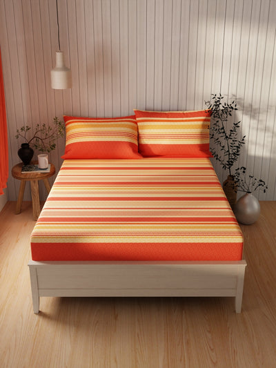 Extra Smooth Cotton Double Bedsheet With 2 Pillow Covers <small> (stripe-brick/beige)</small>
