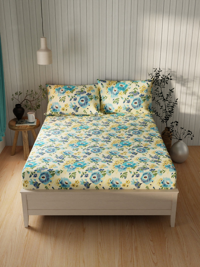 Extra Smooth Cotton Double Bedsheet With 2 Pillow Covers <small> (floral-beige/multi)</small>