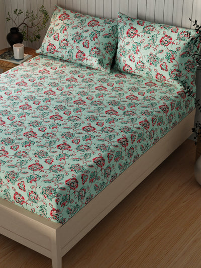 Extra Smooth Cotton Double Bedsheet With 2 Pillow Covers <small> (floral-mint/multi)</small>