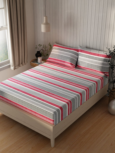 Extra Smooth Cotton Double Bedsheet With 2 Pillow Covers <small> (stripe-red/grey)</small>