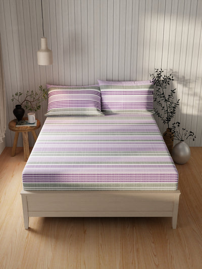 Extra Smooth Cotton Double Bedsheet With 2 Pillow Covers <small> (stripe-purple/grey)</small>