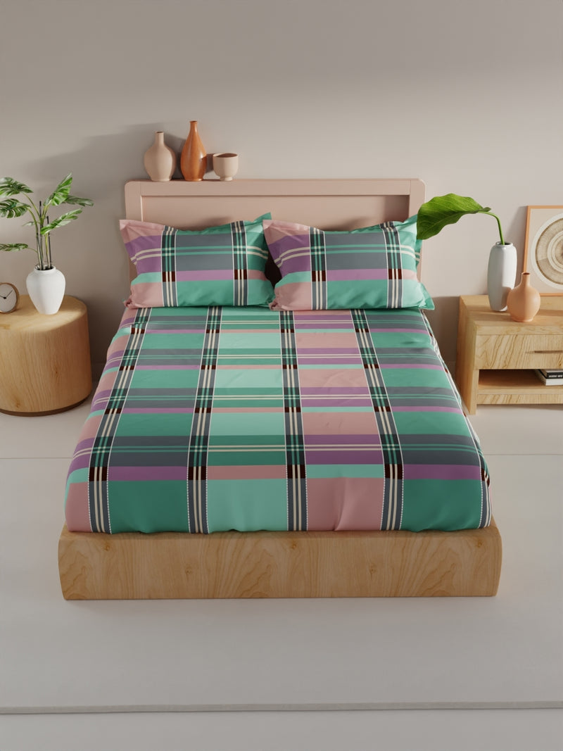 Bamboo Micro King Bedsheet With 2 Pillow Covers <small> (checks-pink/green)</small>