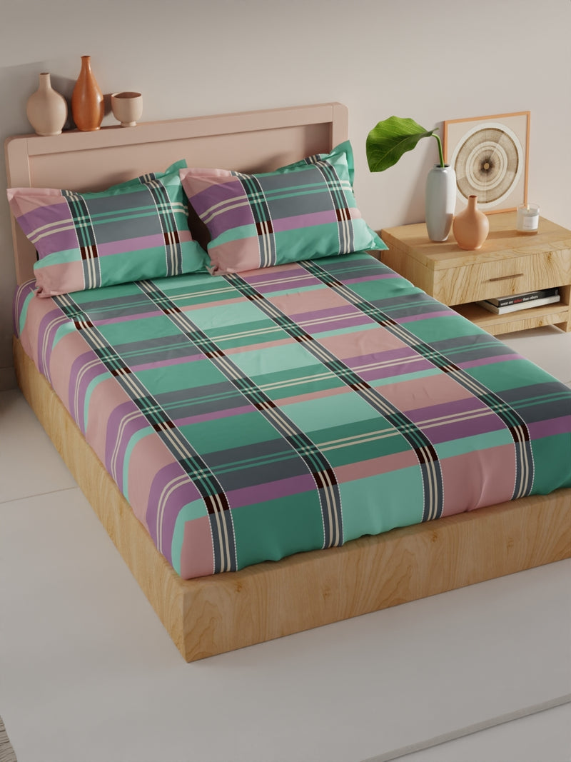 Bamboo Micro King Bedsheet With 2 Pillow Covers <small> (checks-pink/green)</small>