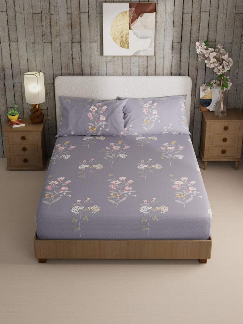 Bamboo Micro King Bedsheet With 2 Pillow Covers <small> (floral-cool grey)</small>