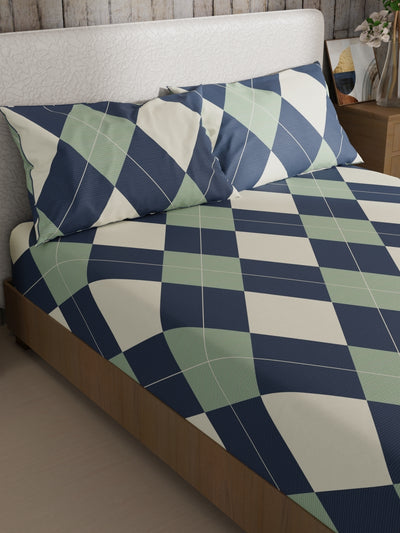 Bamboo Micro King Bedsheet With 2 Pillow Covers <small> (geometric-blue/sage)</small>