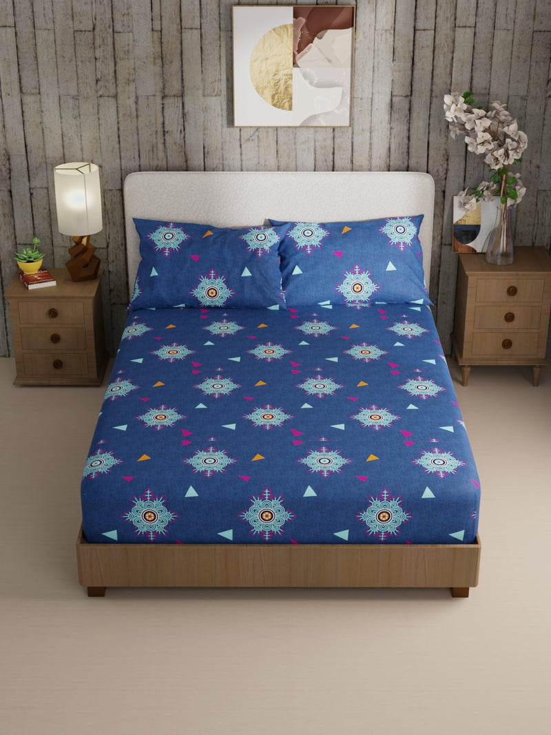 Bamboo Micro King Bedsheet With 2 Pillow Covers <small> (ornamental-navy/blue)</small>