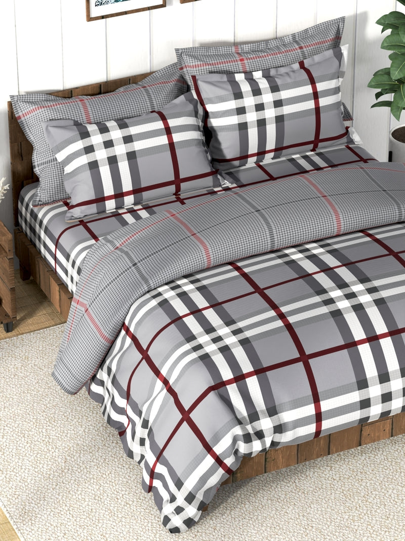 Super Soft 100% Cotton Double Comforter With 1 King Bedsheet And 2 Pillow Covers For All Weather <small> (checks-steelgrey)</small>