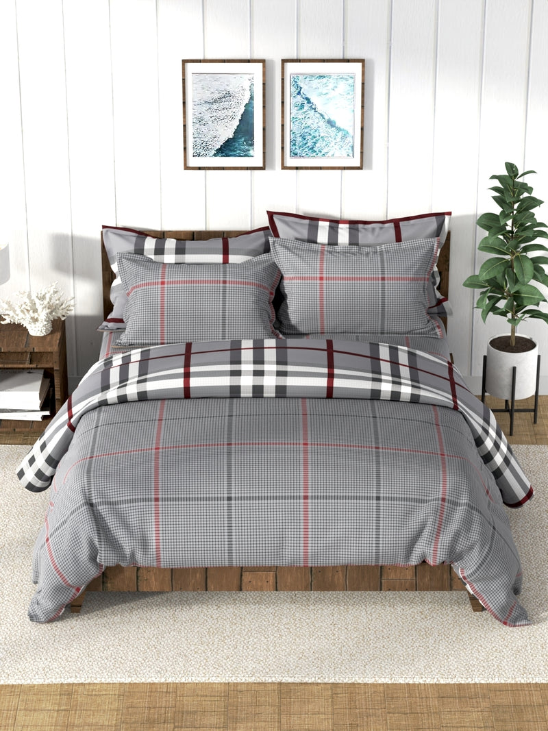Super Soft 100% Cotton Double Comforter With 1 King Bedsheet And 2 Pillow Covers For All Weather <small> (checks-steelgrey)</small>