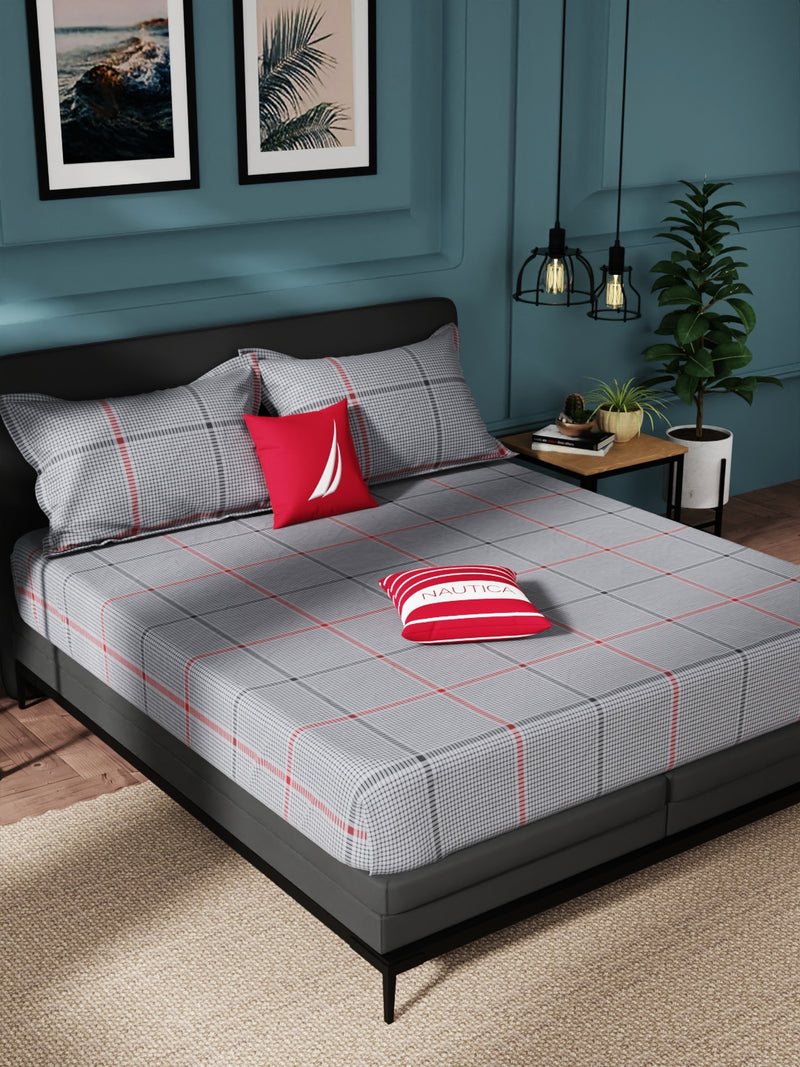 Super Soft 100% Cotton King Bedsheet And 2 Pillow Covers <small> (checks-steelgrey)</small>